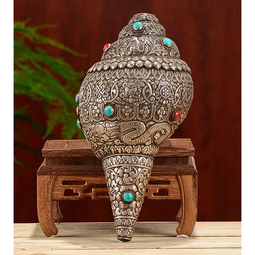 Authentic handmade Tibetan shankha conch shell sculpture with sterling silver and turquoise gemstone details