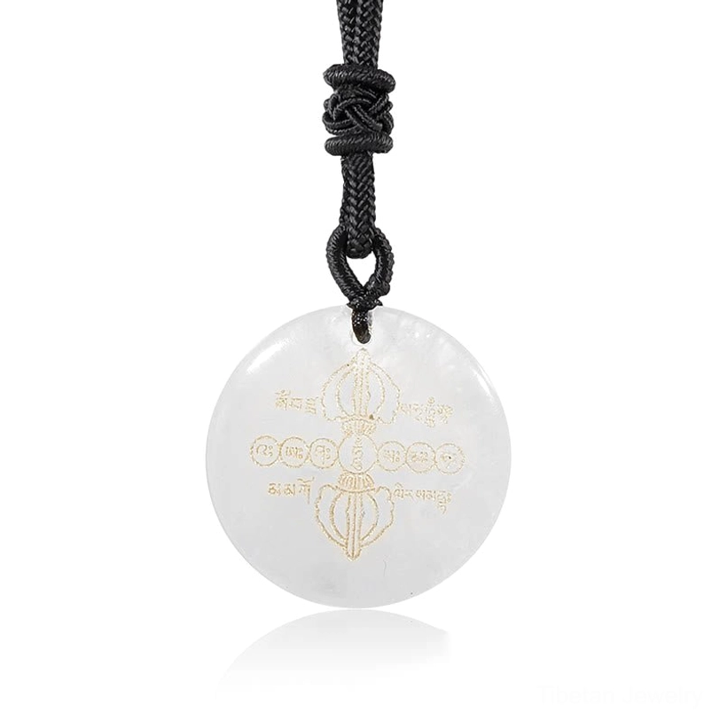 Tibetan Vajra Dorje necklace pendant with natural stone and black braided rope, artisan handmade spiritual jewelry