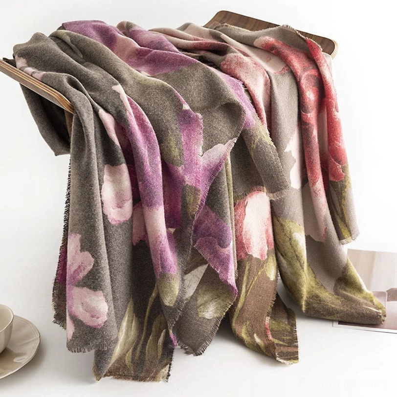 Tibetan hibiscus scarf as elegant evening shawl with draping on shoulders display