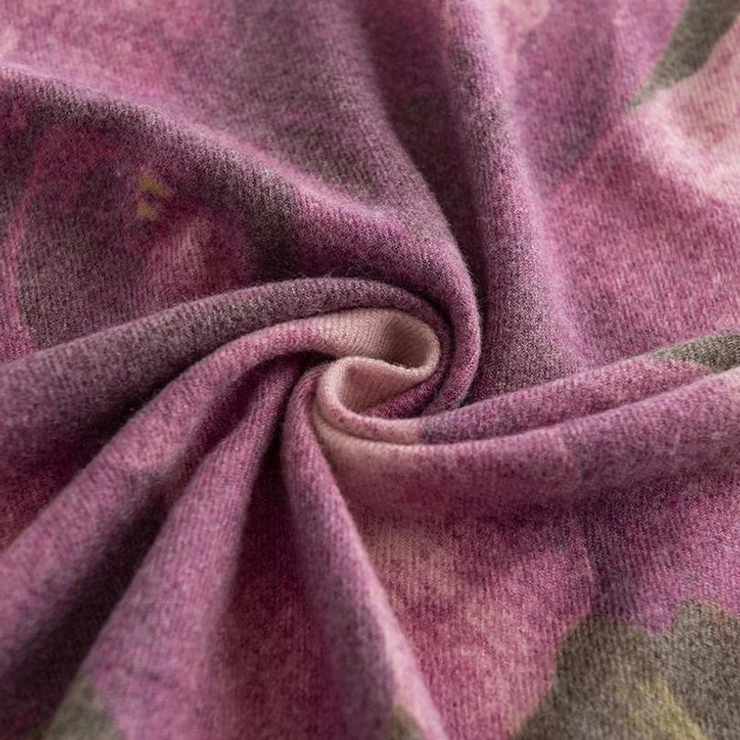Tibetan scarf arrangement displaying full length and width of hibiscus floral winter wrap