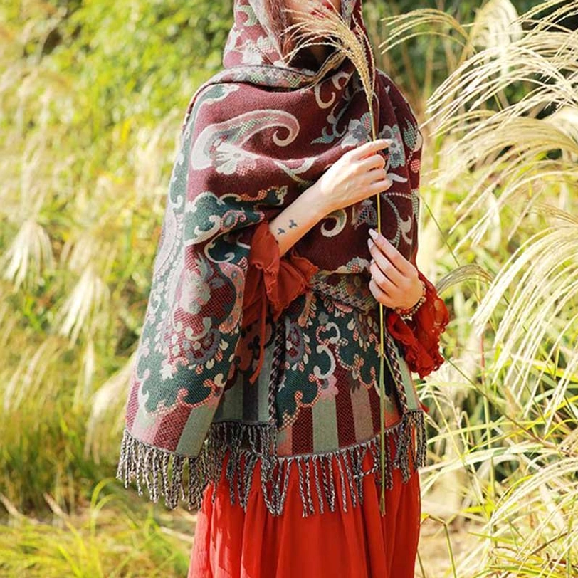 Half-hooded Tibetan tassel shawl with thick woven texture and retro floral botanical prints on model