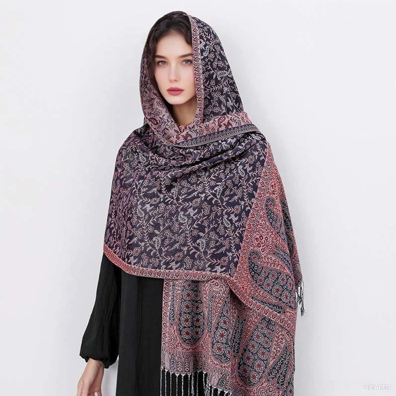 Tibetan hooded jacquard shawl being worn demonstrating authentic Himalayan wrapping technique for meditation and spiritual practice