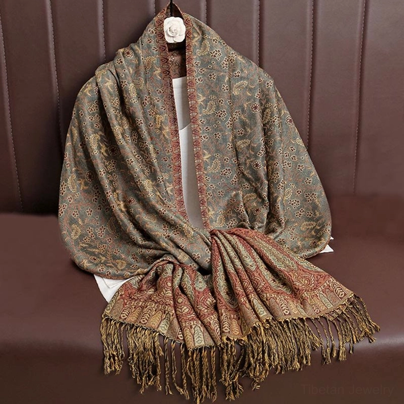 Tibetan hooded paisley shawl lifestyle photo showing how to incorporate into everyday boho-chic wardrobe and casual fashion styling