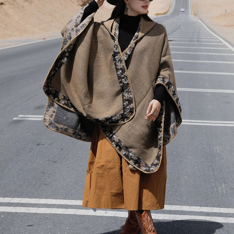 Tibetan floral trim hooded shawl detail of hand-stitched border and authentic artisanal construction