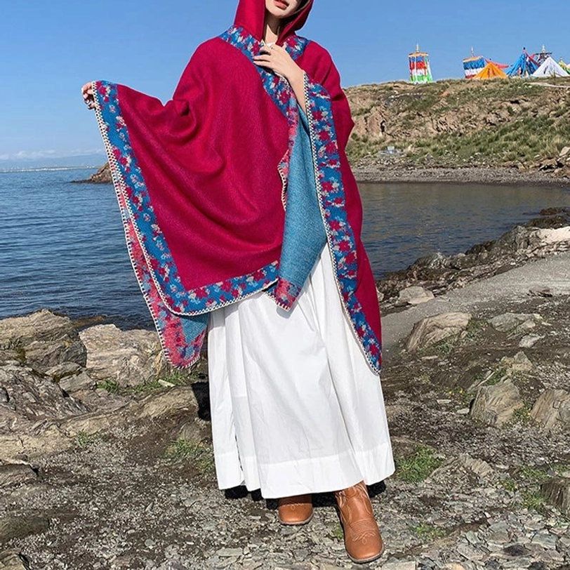 Blue Tibetan hooded shawl reversible design showing both exterior and interior fabric quality