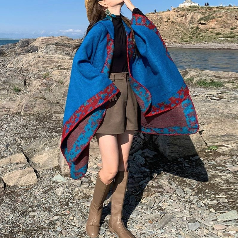Rose red Tibetan hooded shawl worn over casual outfit showing styling versatility and comfortable fit