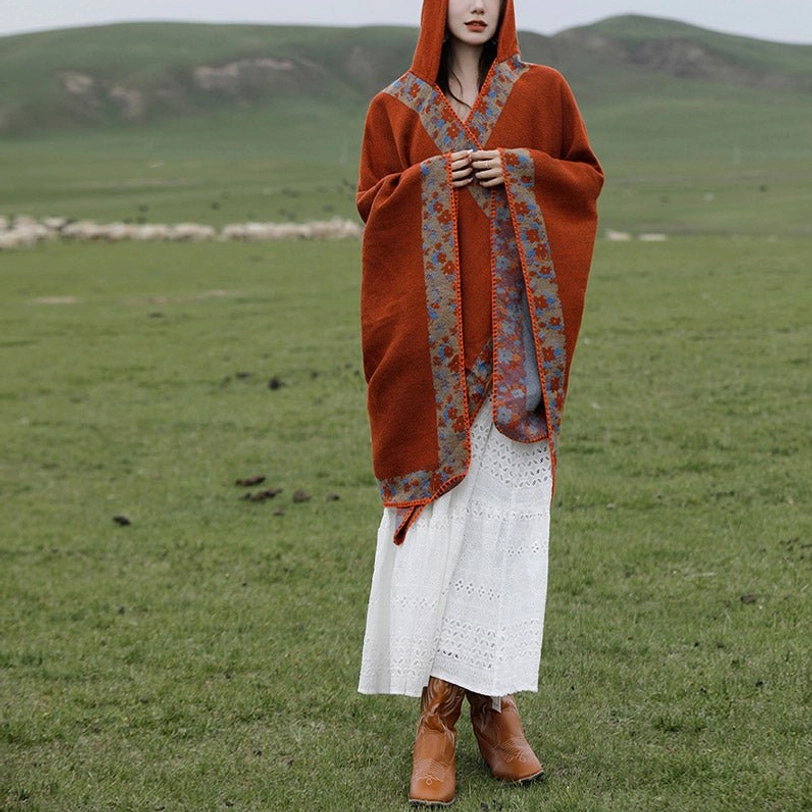 Tibetan hooded floral wrap shawl product lifestyle photography showing travel comfort and versatility
