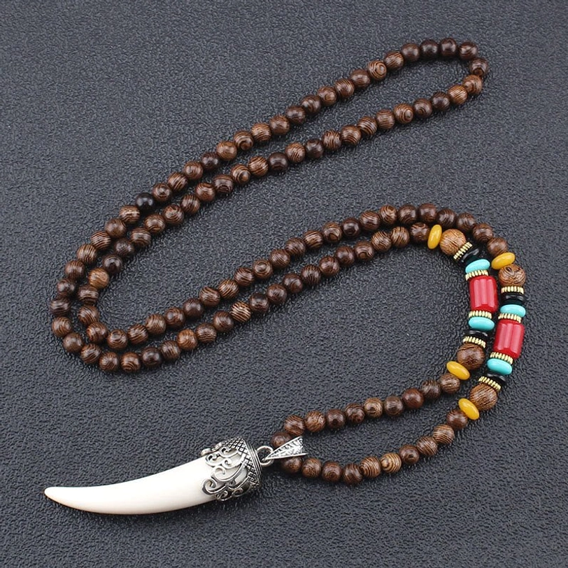 White horn pendant necklace with wenge wood beads and turquoise accent beads - monochromatic style variation