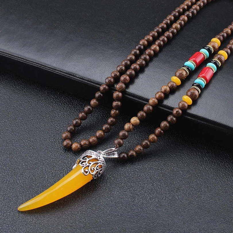 Yellow horn pendant necklace with wenge wood beads, colorful accent beads and silver carved cap - detailed product view