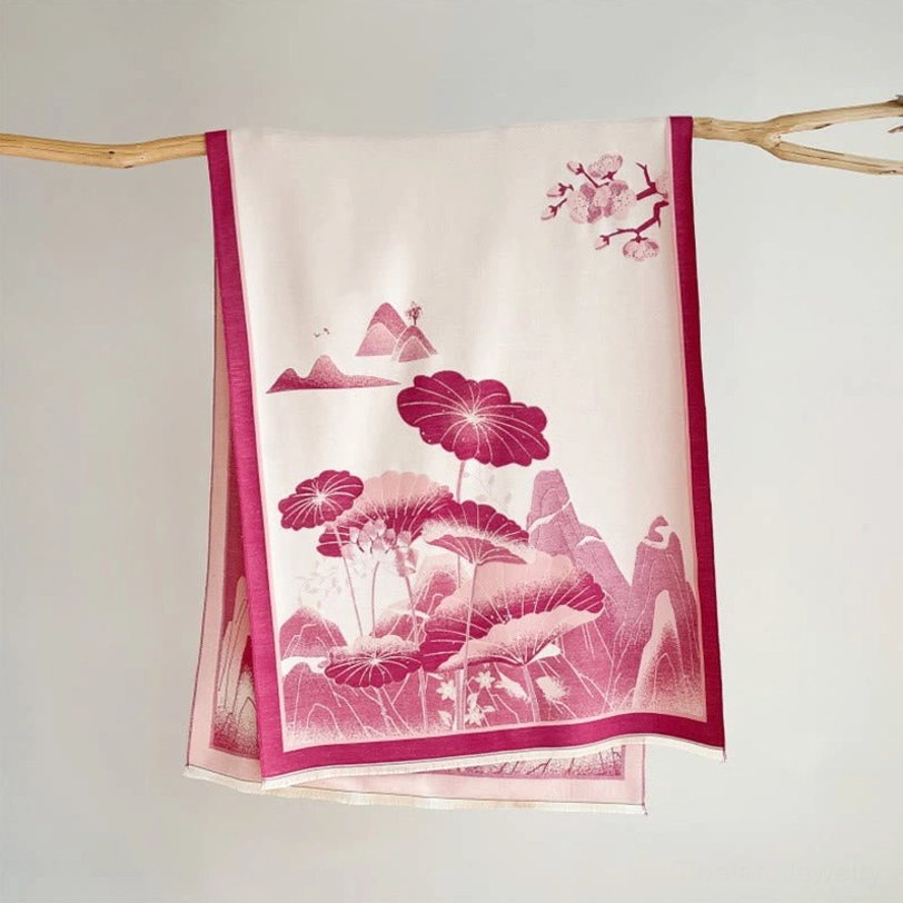 Tibetan hot pink lotus shawl with traditional mountain landscape print, flatlay display showcasing color and pattern