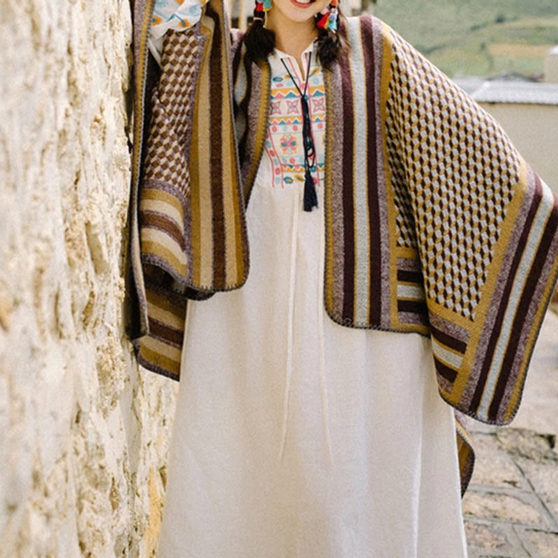 Black Gray Tibetan houndstooth poncho shawl color variant displayed on model