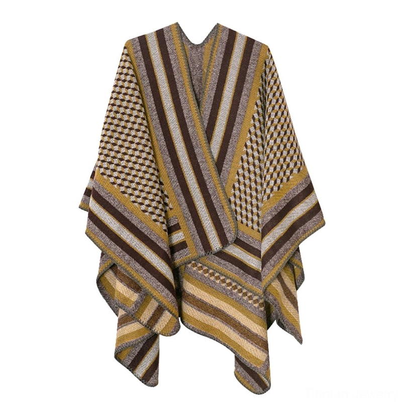 Tibetan striped houndstooth poncho shawl styled with contemporary fashion demonstrating modern versatility