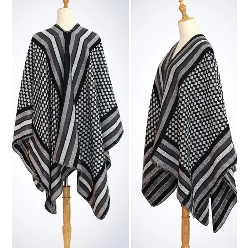 Tibetan houndstooth shawl wrap worn as sofa throw blanket, displaying comfort and home styling