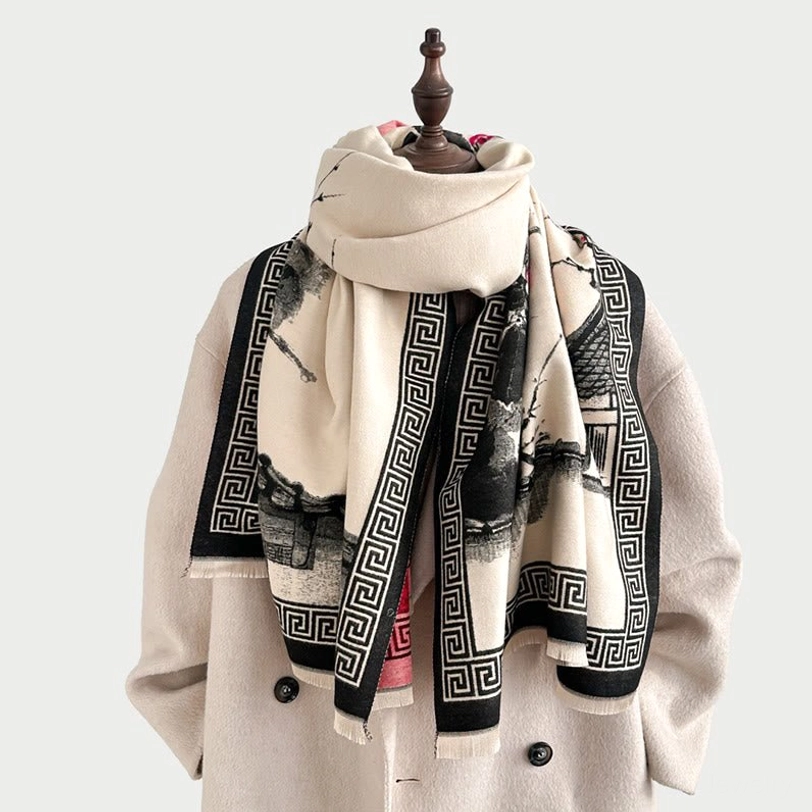 Black and cream Tibetan ink scarf on mannequin, monochrome oriental design with black geometric trim and traditional artwork
