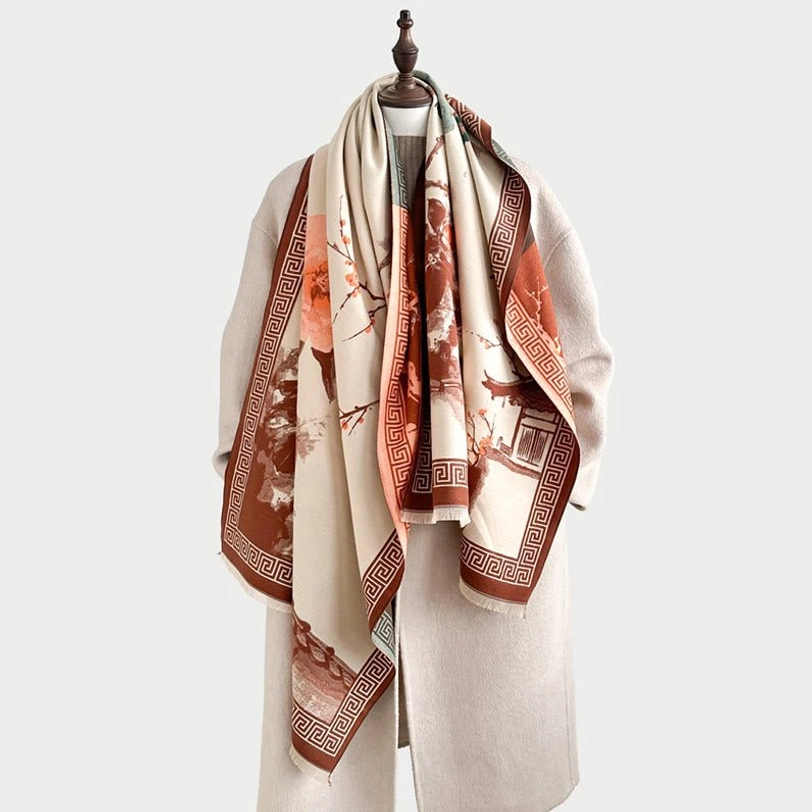 Luxury Tibetan ink painting scarf worn on mannequin, neutral beige tone with brown trim and traditional pavilion flower print