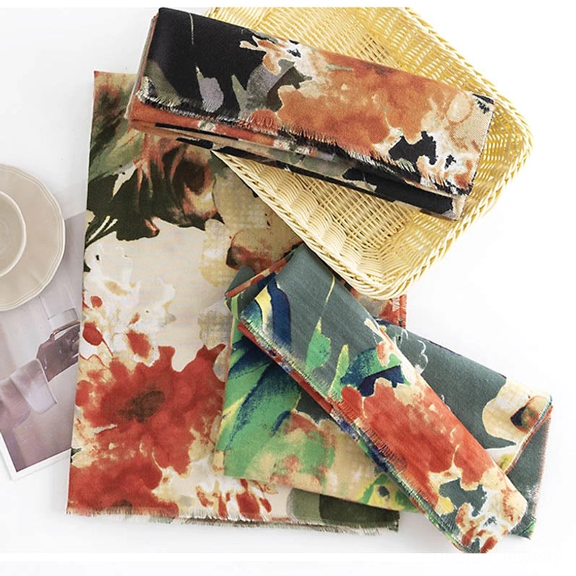 Tibetan vintage floral scarf featuring retro watercolor ink painting style with multi-color flower motifs