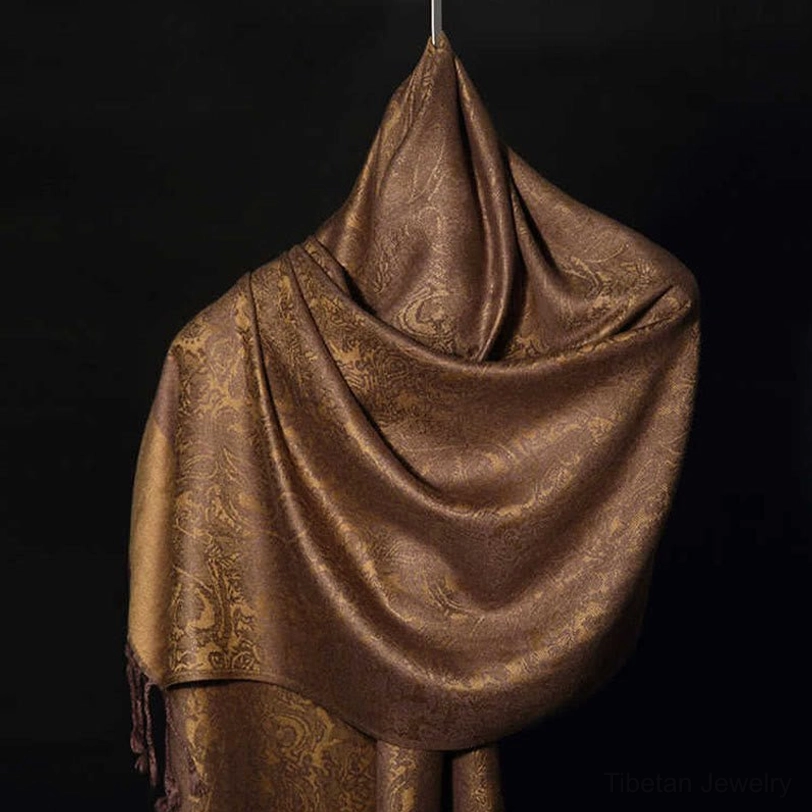 Tibetan reversible jacquard shawl with tassel fringe - brown two-tone wrap