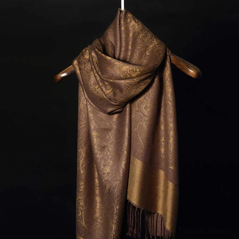 Tibetan two-tone jacquard shawl back view with tassel hem - brown dual tones