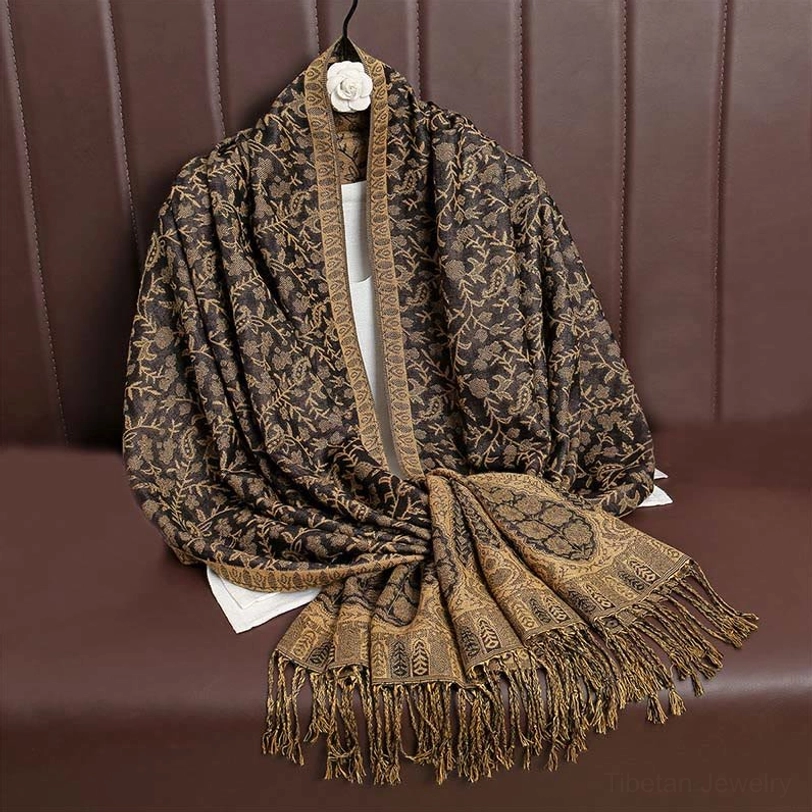 Tibetan jacquard tassel shawl in dark goldenrod rich yellow tone representing warm earth color palette of Tibetan textile artistry