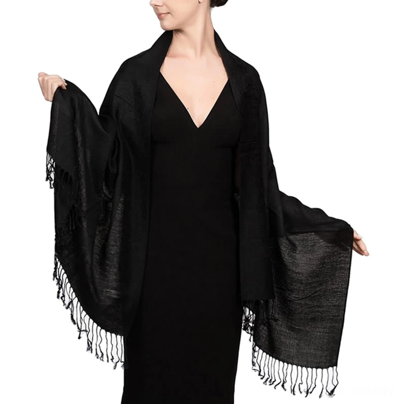 Tibetan jacquard shawl on model - elegant evening wear styling