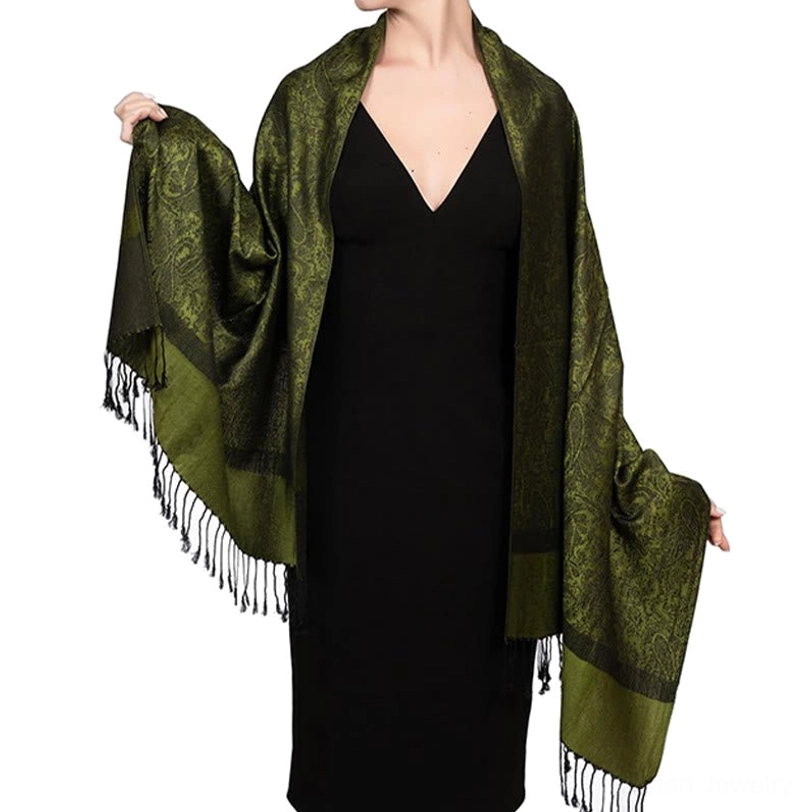 Tibetan jacquard shawl paired with formal attire - elegant styling