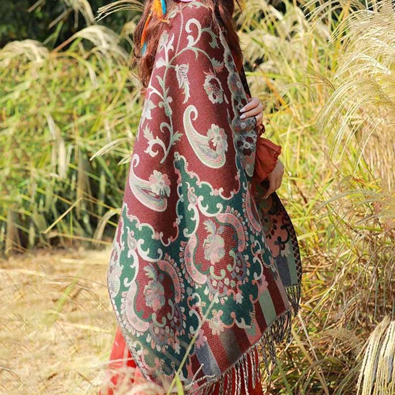 Tibetan tassel shawl full back coverage showing complete botanical jacquard pattern with decorative fringe hem