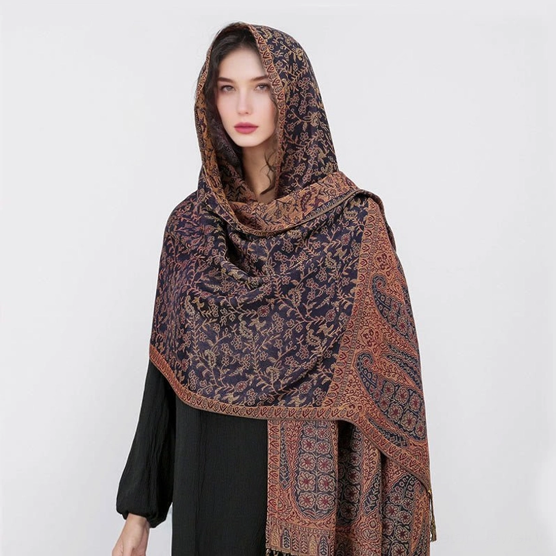 Tibetan jacquard shawl care and material composition detail showing 55% polyester 45% rayon blend for optimal comfort and durability