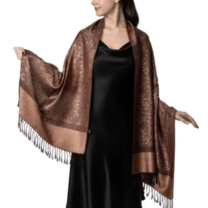 Woman wearing Tibetan paisley jacquard shawl with slip dress - formal styling