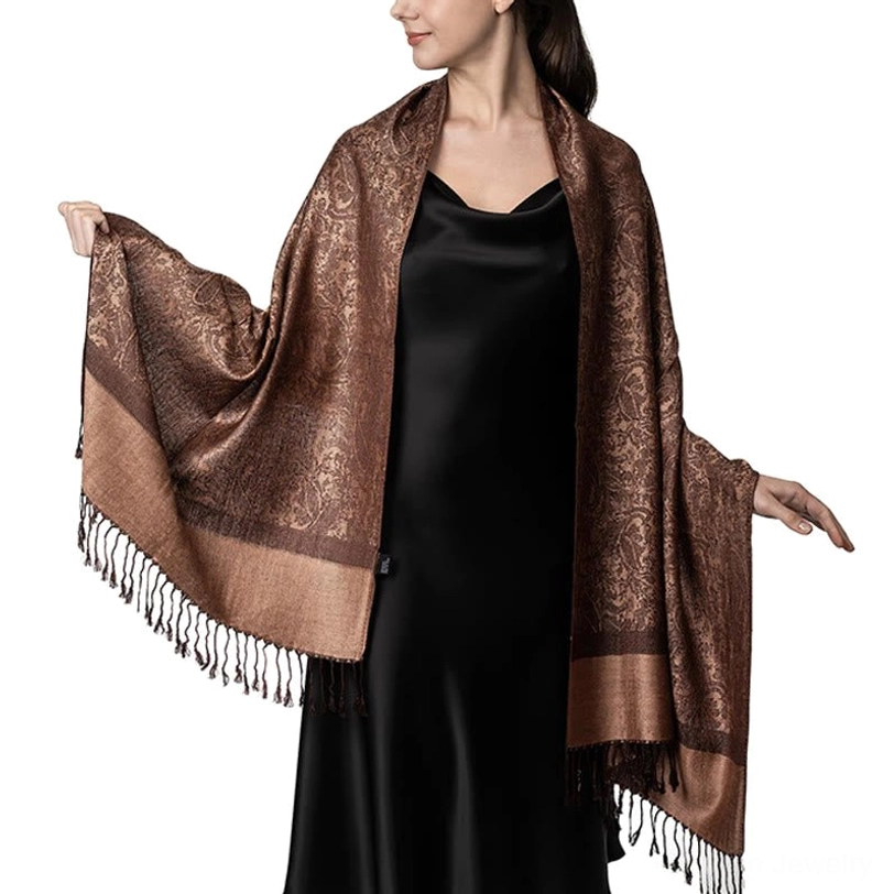 Woman wearing Tibetan paisley jacquard shawl with slip dress - formal styling