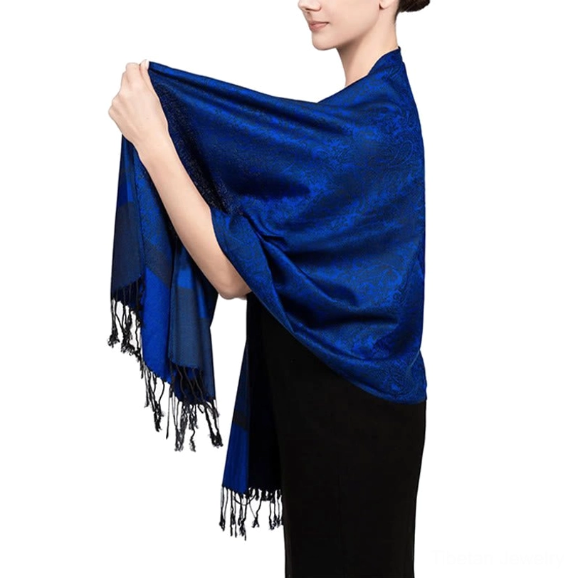 Tibetan jacquard shawl navy blue variant - classic rich tone
