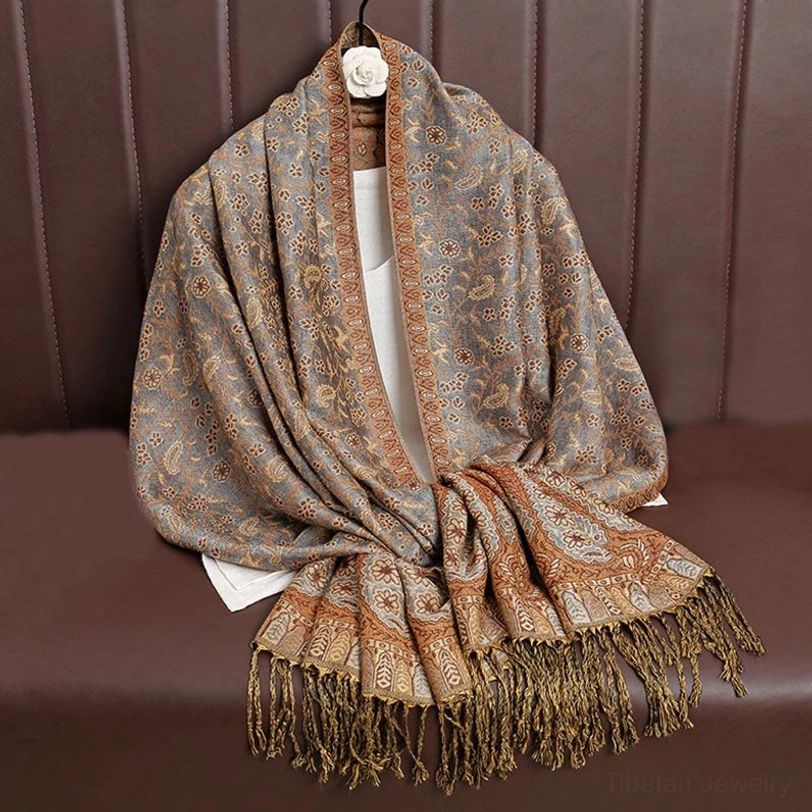 Tibetan jacquard paisley shawl in Peru earth tone color option showing natural warm hues available in collection