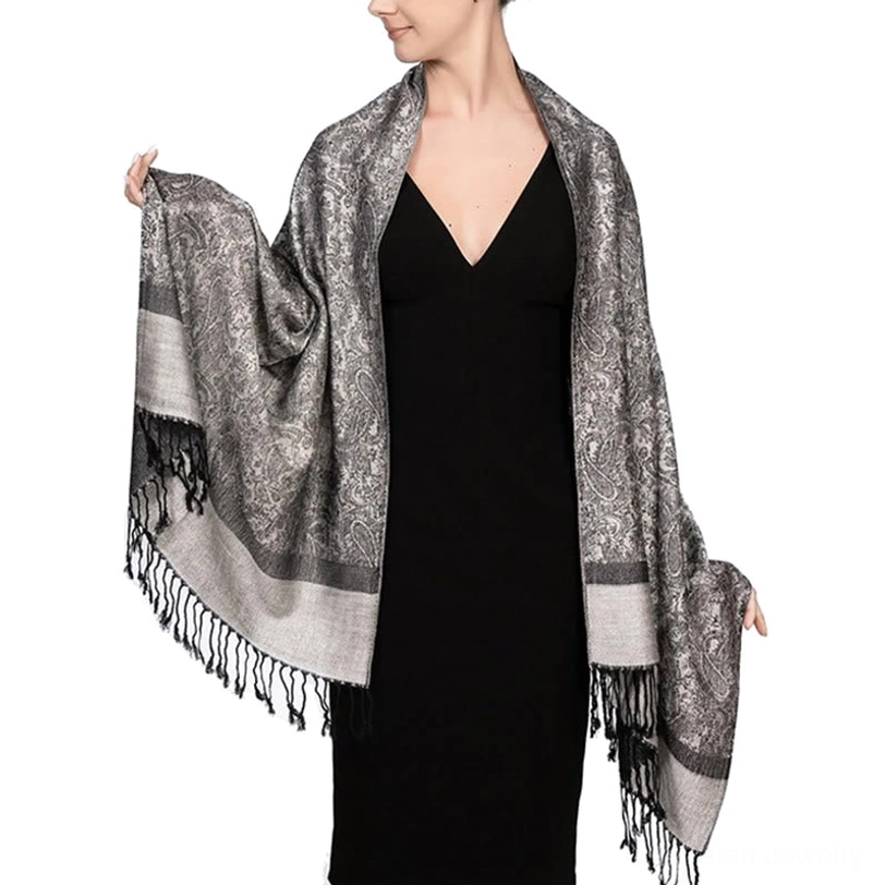 Tibetan jacquard shawl with tassel fringe - traditional artisan finish