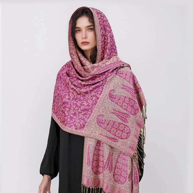 Tibetan jacquard shawl styled as lightweight travel blanket or throw, demonstrating multi-purpose versatility for on-the-go use
