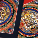 Tibetan Kalachakra Mandala Thangka with intricate multicolored symmetrical patterns and dark border - close-up overhead view