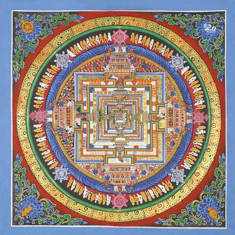 Tibetan Kalachakra mandala thangka hand-painted Buddhist wall art with sacred geometric patterns and traditional iconography