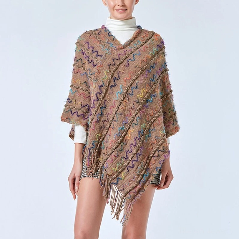 Khaki tibetan striped tassel shawl with warm earth tones and bohemian aesthetic