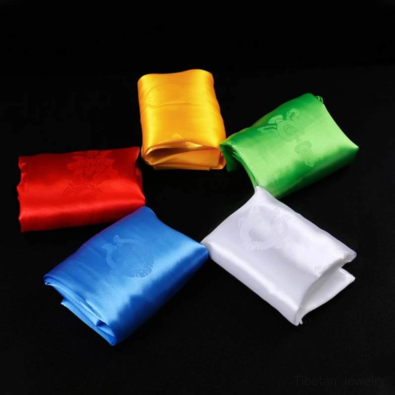 Tibetan five-color khata scarf set showing artisan craftsmanship and handcrafted quality details