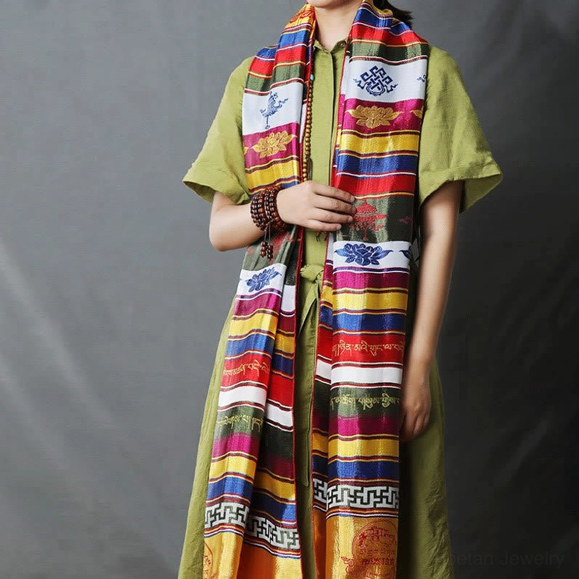 Tibetan multicolored lotus khata blessing scarf alternative angle showing embroidery craftsmanship and color vibrancy