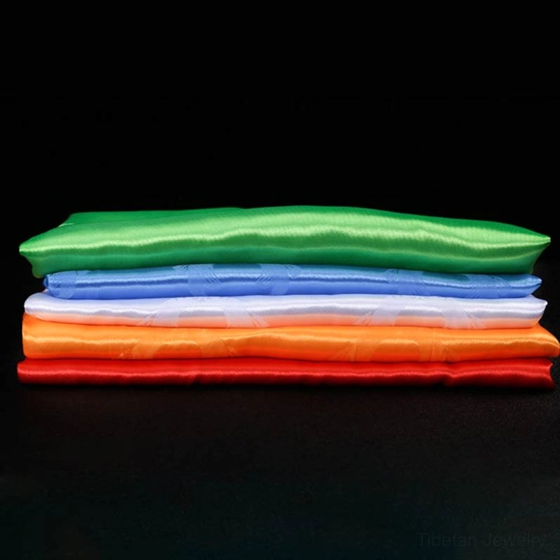 Tibetan five-color khata scarves arranged to showcase the five blessing colors and smooth satin finish