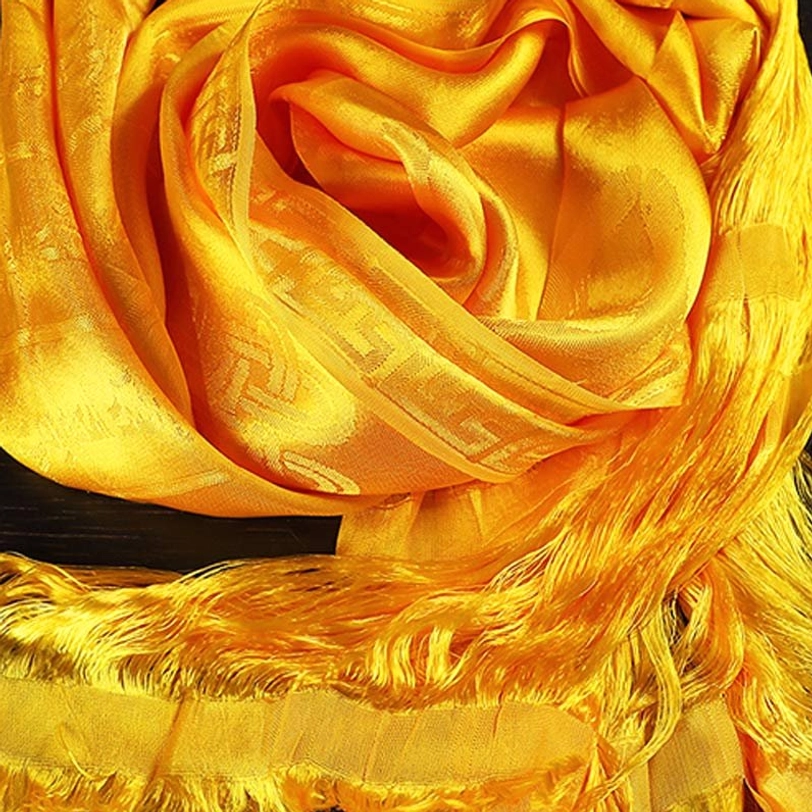 Tibetan 5-color jacquard khata silk scarf arrangement displaying hand-finished details and color variations