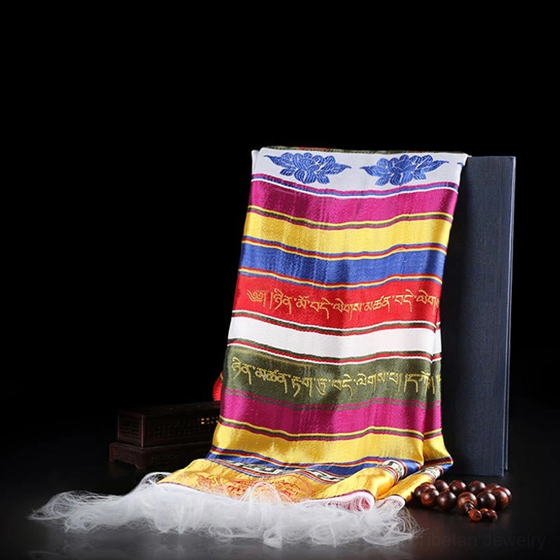 Tibetan multicolored khata scarf lifestyle display showing versatility as traditional ceremonial scarf or modern wear
