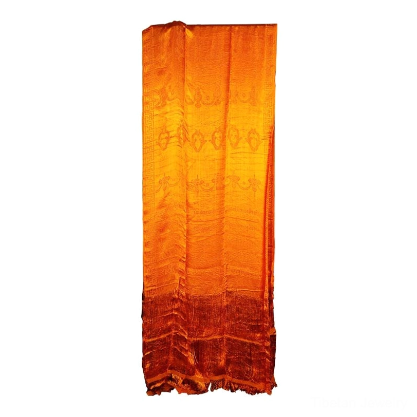 Tibetan khata ceremonial scarf collection showing multiple colors of 5-color jacquard silk designs