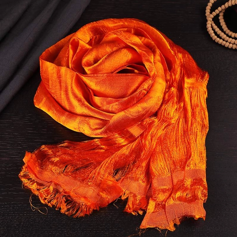 Tibetan orange 5-color jacquard khata silk scarf with vibrant tangerine color and frayed tassels