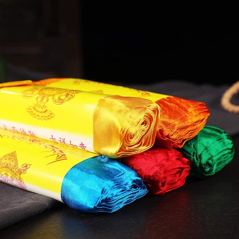 Tibetan 5-color jacquard khata ceremonial scarf highlighting premium silk quality and woven pattern
