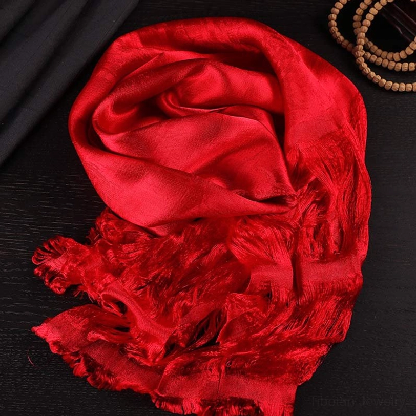 Tibetan red 5-color jacquard khata ceremonial scarf, crimson silk with thick frayed tassel edges