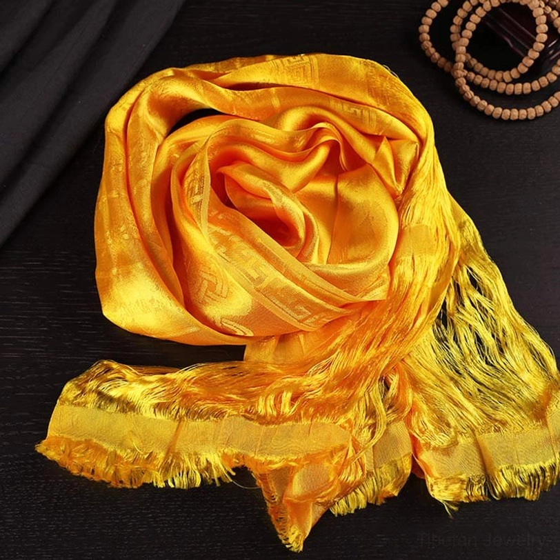 Tibetan yellow 5-color jacquard khata silk blessing scarf for meditation and spiritual practice