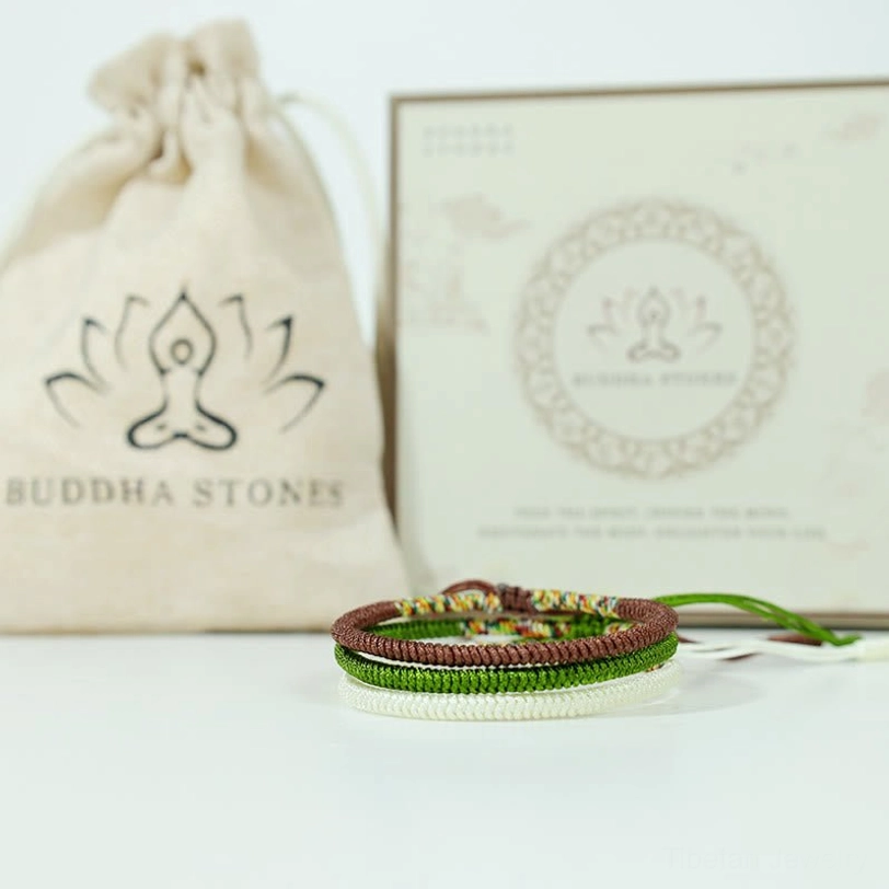 Tibetan handwoven bracelet with gift packaging, Buddha Stones branded box and product information card