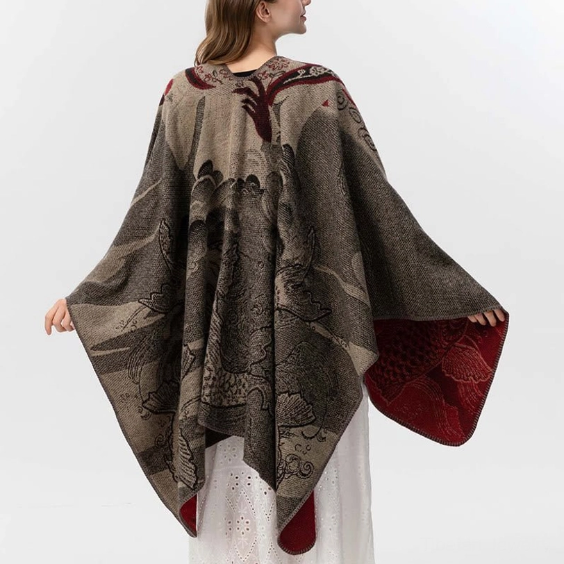 Tibetan koi fish wave shawl back view showing full jacquard pattern and red decorative hem finish