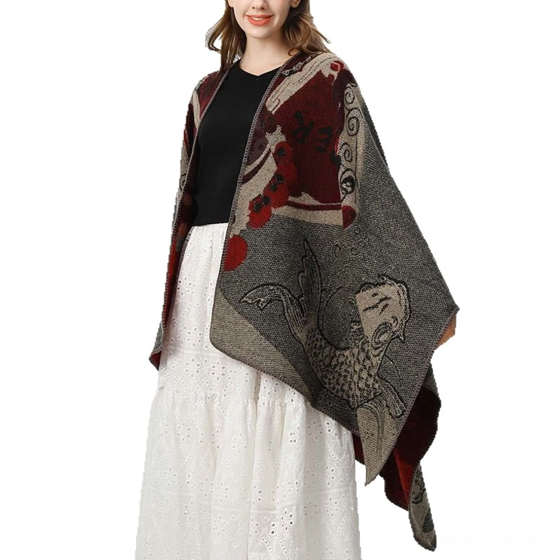 Tibetan koi fish wave shawl side front casual wear view showing oversized fit and koi print design