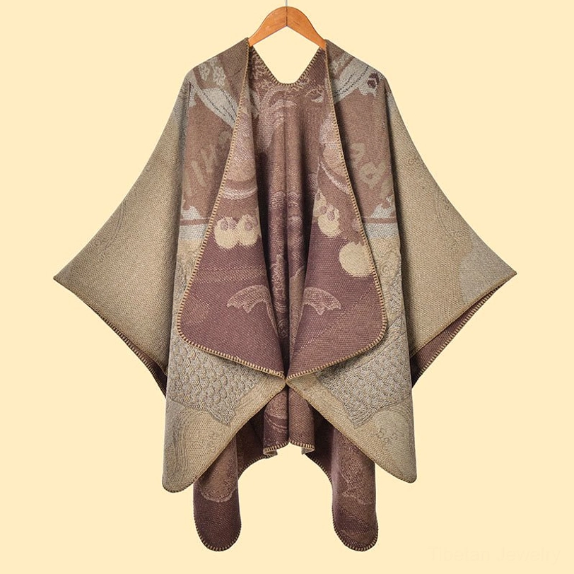 Tibetan reversible koi fish shawl in tan shade showing jacquard weave and drape